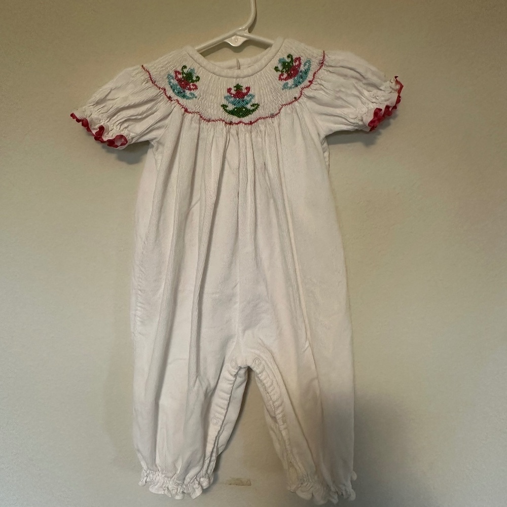 Baby Southern Tots white corduroy, smocked romper